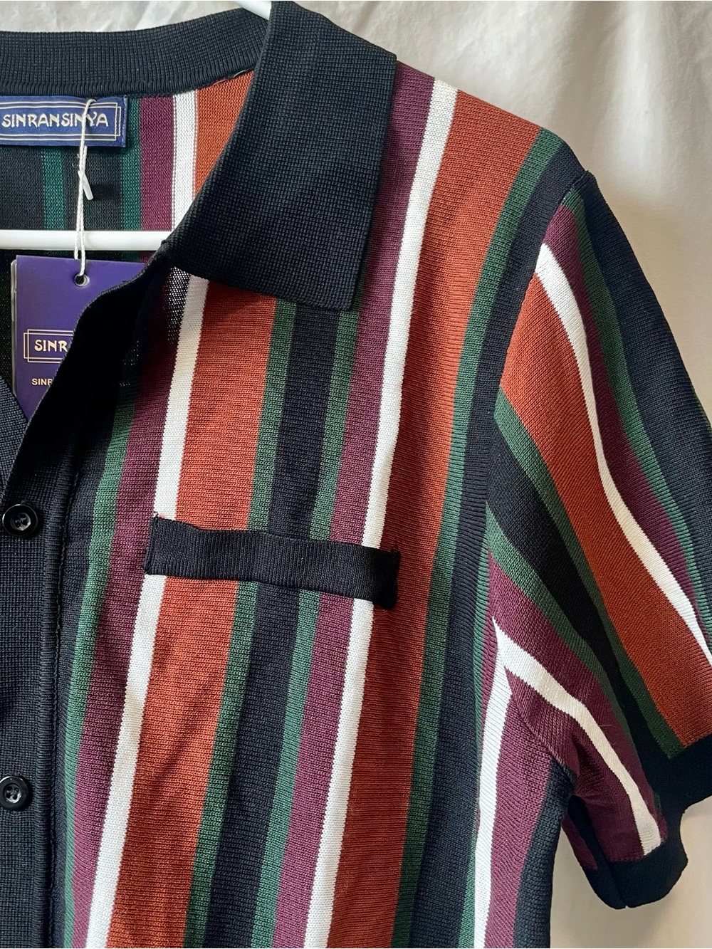 SINRANSINYA Striped Polo Shirt in Rust, Green & Black